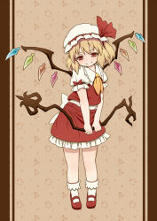 Rule 34 | 1girl, blonde hair, female focus, flandre scarlet, half-closed eyes, hat, hat ribbon, laevatein, looking at viewer, mary janes, mob cap, monmonga, neckerchief, red eyes, red footwear, ribbon, shirt, shoes, side ponytail, skirt, skirt set, smile, solo, touhou, v arms, vest, wings