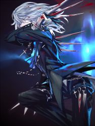 Rule 34 | 1girl, alternate costume, blood, blue eyes, chain, geppewi, gloves, izayoi sakuya, jewelry, jumping, knife, necklace, short hair, silver hair, solo, touhou