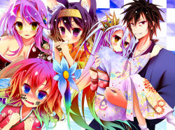 Rule 34 | 1boy, 4girls, animal ear fluff, animal ears, blue eyes, blue hair, blush, breasts, brown hair, cleavage, closed mouth, commentary request, compass rose halo, cross, crown, eating, flower, fox ears, gradient hair, grin, hair between eyes, hair flower, hair ornament, hairband, halo, hatsuse izuna, highres, japanese clothes, jibril (no game no life), kimono, large breasts, long hair, looking at viewer, magic circle, messy hair, mimi0846, multicolored hair, multiple girls, no game no life, open mouth, pink hair, purple eyes, purple hair, red eyes, red hair, shiro (no game no life), short hair, slit pupils, smile, sora (no game no life), spiked hair, stephanie dora, symbol-shaped pupils, very long hair, wing ears, yellow eyes