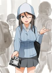 Rule 34 | 1girl, 3boys, a1 (initial-g), bag, blue shirt, brown eyes, brown hair, commentary request, cowboy shot, dress shirt, girls und panzer, grey skirt, hat, keizoku school uniform, long hair, long sleeves, looking at viewer, mika (girls und panzer), miniskirt, multiple boys, multiple others, one eye closed, photo (object), pleated skirt, school uniform, shirt, skirt, solo focus, striped clothes, striped shirt, vertical-striped clothes, vertical-striped shirt, white shirt