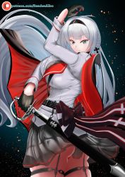Rule 34 | 1girl, absurdres, artist request, azur lane, belt, black belt, black bow, black cape, black gloves, black skirt, blue eyes, bow, braid, breasts, cape, cleavage, cross, cross earrings, earrings, gloves, half gloves, highres, holding, holding sword, holding weapon, iron blood (emblem), jacket, jewelry, juliet sleeves, large breasts, long hair, long sleeves, looking at viewer, mainz (azur lane), miniskirt, pleated skirt, puffy sleeves, red cape, sheath, skindentation, skirt, solo, sword, thigh strap, two-tone cape, unsheathing, weapon, white hair, white jacket