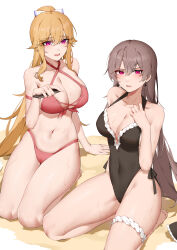 Rule 34 | 2girls, absurdres, alternate color, alternate hairstyle, anchor earrings, azur lane, beach, bikini, breasts, casual one-piece swimsuit, cellphone, cleavage, cosplay, costume switch, criss-cross halter, earrings, hairstyle switch, halterneck, highleg, highleg swimsuit, highres, jean bart (azur lane), jean bart (azur lane) (cosplay), jean bart (private apres midi) (azur lane), jewelry, kneeling, large breasts, long hair, multiple girls, official alternate costume, one-piece swimsuit, phone, ponytail, purple eyes, richelieu (azur lane), richelieu (azur lane) (cosplay), richelieu (fleuron of the waves) (azur lane), sidelocks, smartphone, swimsuit, thigh strap, wsfw