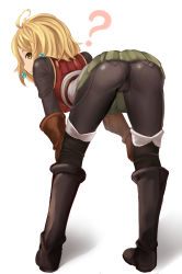 Rule 34 | 10s, 1girl, :&lt;, ?, ahoge, ass, bent over, black pantyhose, blonde hair, boots, brown gloves, cameltoe, earrings, full body, gloves, granblue fantasy, hands on own knees, highres, jewelry, knee boots, panties, panties under pantyhose, pantyhose, pantylines, simple background, sin (kami148), skirt, solo, teena (granblue fantasy), underwear, white background, yellow eyes