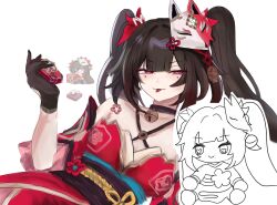Rule 34 | 1girl, :p, absurdres, bigsquinky, black choker, black gloves, black hair, black sash, choker, criss-cross halter, detached sleeves, dress, facial mark, fox mask, gloves, halterneck, hand up, highres, holding, honkai: star rail, honkai (series), long hair, looking at viewer, mask, mask on head, multiple views, obi, purple eyes, red dress, sash, short sleeves, simple background, smile, sparkle (honkai: star rail), tongue, tongue out, twintails, upper body, white background