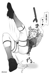 Rule 34 | &gt; &lt;, 1girl, arm up, ass, banana peel, bolt action, breasts, commentary request, corset, frown, girls&#039; frontline, greyscale, gun, handgun, hubrael, integral suppressor, integrally-suppressed firearm, manual firearm, midair, monochrome, panties, shoes, short twintails, simple background, skirt, slipping, socks, solo, suppressor, thighs, translation request, twintails, twitter username, underwear, weapon, welrod, welrod mk ii, welrod mkii (girls&#039; frontline), white background