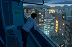 Rule 34 | 1boy, air conditioner, apartment, black hair, black pants, building, can, city, clothes hanger, cloud, evening, grey hoodie, highres, holding, holding can, hood, hoodie, male focus, okayuu, original, pants, scenery, short hair, solo, sunset, sweater