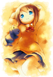 Rule 34 | 1girl, aikei ake, animal, arms up, black cat, black skirt, blue eyes, blush, bow, bowtie, brown hair, brown sweater, cat, closed mouth, collared shirt, highres, kitten, long sleeves, lying, on back, original, pleated skirt, red bow, red bowtie, shirt, sidelocks, skirt, smile, solo, sweater, thighhighs, white shirt, white thighhighs