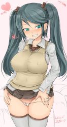 Rule 34 | 1girl, alternate costume, black skirt, blue eyes, blue hair, blush, bow, breasts, brown bow, cameltoe, cleft of venus, earrings, female pubic hair, gradient background, hair between eyes, heart, isuzu (kancolle), jewelry, kantai collection, large breasts, long hair, long sleeves, looking at viewer, miniskirt, okiraku nikku, one-hour drawing challenge, open mouth, panties, pink background, pubic hair, pussy, pussy peek, ring, shirt, skirt, solo, string panties, thighhighs, twintails, underwear, vest, wedding ring, white background, white panties, white shirt, white thighhighs