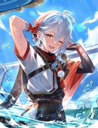Rule 34 | 1boy, bandaged arm, bandages, blue sky, blush, cloud, day, fingerless gloves, genshin impact, gloves, hair between eyes, highres, japanese clothes, kaedehara kazuha, looking at viewer, male focus, multicolored hair, one eye closed, open mouth, outdoors, red eyes, red hair, sigm, sky, solo, streaked hair, tassel, water, wet, wet clothes, wet hair, white hair