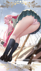 Rule 34 | 10s, 1girl, ass, black footwear, black socks, blouse, blurry, blurry background, blush, cangkong, character name, cloud, cloudy sky, darling in the franxx, day, depth of field, dutch angle, eyeshadow, from behind, from below, green eyes, green skirt, grey shirt, hairband, highres, horns, kneehighs, kneepits, loafers, long hair, long sleeves, looking at viewer, looking back, makeup, miniskirt, motion blur, outdoors, panties, pantyshot, pink panties, plaid, plaid skirt, pleated skirt, red scarf, scarf, scarf over mouth, shirt, shoes, skirt, sky, snowing, socks, solo, standing, star (symbol), straight hair, thighs, tsurime, underwear, upskirt, very long hair, watermark, web address, white hairband, wide hips, winter, zero two (darling in the franxx)