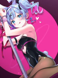 Rule 34 | 1girl, :p, absurdres, animal ears, arm strap, bare arms, black leotard, black ribbon, blue eyes, blue hair, breasts, brown pantyhose, clothing cutout, covered navel, cuffs, dutch angle, hair ornament, hair ribbon, hairband, hairclip, handcuffs, hatsune miku, heart cutout, highres, leotard, looking at viewer, pantyhose, pinea pow, pink background, playboy bunny, rabbit ears, rabbit hair ornament, rabbit hole (vocaloid), ribbon, short hair, sideboob, sitting, small breasts, solo, spaghetti strap, tongue, tongue out, twintails, vocaloid, wariza, white hairband