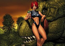Rule 34 | 1girl, abs, adapted costume, arthur adams, artist name, bare shoulders, black panties, black shirt, bob cut, breasts, brown eyes, cleavage, cocktail umbrella, cup, dated, dino crisis, dinosaur, drink, drinking glass, drinking straw, dusk, feet out of frame, fern, grey shirt, groin, highleg, highleg panties, holding, holding cup, holding drink, impossible clothes, impossible shirt, layered shirt, leaning, light smile, lipstick, looking at viewer, makeup, mandarin collar, medium breasts, midriff, mountainous horizon, nail polish, narrow waist, navel, official art, orange sky, outdoors, panties, promotional art, red hair, red lips, red nails, regina (dino crisis), second-party source, sharp teeth, shiny clothes, shirt, short hair, signature, sky, sleeveless, sleeveless shirt, solo, teeth, textless version, tight clothes, tight shirt, toned, tongue, tongue out, tree, tyrannosaurus rex, underwear