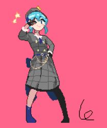 Rule 34 | 1girl, :3, :d, animated, animated gif, blue eyes, blue hair, crown, dancing, hat, hololive, hoshimachi suisei, jewelry, leart, looping animation, open mouth, peace symbol, pixel art, pixelated, ribbon, skirt, smile, star (symbol), stocks, virtual youtuber
