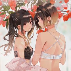 Rule 34 | 2girls, back, backlighting, black bra, blonde hair, blouse, blush, bob cut, bra, breasts, brown eyes, brown hair, earrings, flower, fly (marguerite), from behind, from side, gradient hair, highres, jewelry, lace, lace-trimmed bra, lace trim, long hair, looking at viewer, looking back, medium breasts, mole, mole on arm, multicolored hair, multiple girls, necklace, off shoulder, open mouth, original, partially undressed, pink shirt, plaid, plaid shirt, ponytail, shirt, short hair, simple background, smile, two-tone hair, underwear, underwear only, upper body, white background, white bra