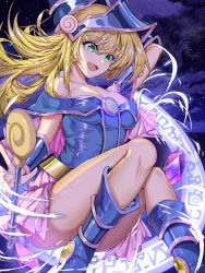 Rule 34 | 1girl, :d, arm up, ass, bare shoulders, blonde hair, blue dress, blue footwear, boots, breasts, chinese commentary, cleavage, collarbone, commentary request, convenient leg, dark magical circle, dark magician girl, dress, duel monster, floating, full body, gem, green eyes, hair between eyes, hand on headwear, hat, highres, knee boots, knees up, large breasts, long hair, looking down, night, night sky, open mouth, pentacle, pentagram, qihei haigu, shooting star, sidelocks, sky, smile, solo, star (sky), starry sky, wand, wizard hat, yu-gi-oh!