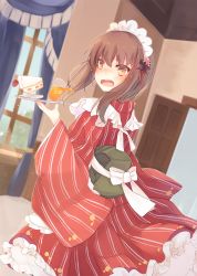 Rule 34 | 10s, 1girl, alternate costume, apron, blush, brown eyes, brown hair, cake, cake slice, cup, curtains, door, doorway, drinking glass, flower, food, hair flower, hair ornament, hair ribbon, hairband, highres, inagawa (kidou kairo), japanese clothes, juice, kantai collection, kimono, long sleeves, looking at viewer, looking back, maid, maid apron, maid headdress, open mouth, orange juice, plate, red kimono, ribbon, short hair, short hair with long locks, sidelocks, solo, spill, taihou (kancolle), translation request, tray, wa maid, waitress, wide sleeves, window, yukata