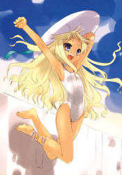 Rule 34 | 1girl, :d, absurdres, ankle lace-up, armpits, arms up, barefoot, blonde hair, blue eyes, choker, cross-laced footwear, dengeki, fangs, feet, flat chest, hat, highres, ito noizi, jumping, leg ribbon, long hair, long legs, one-piece swimsuit, open mouth, ribbon, school swimsuit, smile, solo, sun hat, swimsuit, teeth, white school swimsuit, white one-piece swimsuit
