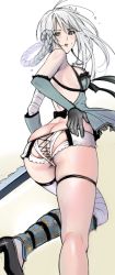 Rule 34 | 1futa, ass, asymmetrical hair, backless outfit, backless panties, bandages, blush, braid, breasts, butt crack, cleavage, elbow gloves, futanari, gloves, inkey, kaine (nier), long hair, long image, looking back, medium breasts, nier, nier (series), panties, ribbon, skindentation, solo, sword, tall image, thigh strap, underwear, weapon, white hair, yellow eyes
