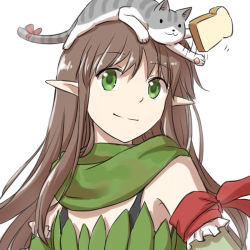 Rule 34 | 1girl, :3, animal, animal on head, armband, bra strap, bread slice, brown hair, camouflage scarf, cat, cat on head, closed mouth, commentary request, elbow gloves, flat chest, food, gloves, green eyes, green gloves, green scarf, green tube top, long hair, looking at viewer, natsuya (kuttuki), on head, pointy ears, ragnarok online, ranger (ragnarok online), scarf, simple background, smile, solo, strapless, toast, tube top, upper body, white background