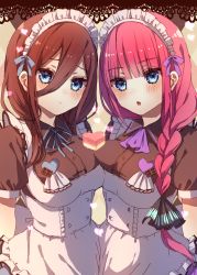 Rule 34 | 2girls, alternate costume, apron, asymmetrical docking, blue eyes, blue ribbon, blunt bangs, blush, braid, breast press, breasts, brown hair, closed mouth, commentary, enmaided, food on body, food on breasts, frilled apron, frills, go-toubun no hanayome, hair between eyes, highres, large breasts, long hair, looking at viewer, maid, maid headdress, multiple girls, nakano miku, nakano nino, neck ribbon, parted lips, pink hair, puffy short sleeves, puffy sleeves, ribbon, short sleeves, siblings, sisters, white apron, xx momomo xx