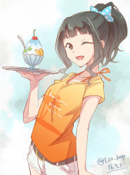 Rule 34 | 10s, ;d, belt, bow, cherry, dated, e20, food, fruit, fujii tomo, gradient clothes, hair bow, idolmaster, idolmaster cinderella girls, one eye closed, open mouth, orange shirt, polka dot, polka dot bow, shaved ice, shirt, shorts, signature, smile, solo, t-shirt, twitter username