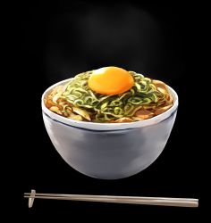 Rule 34 | black background, bowl, chopstick rest, chopsticks, egg yolk, food, food focus, highres, nagishiro mito, original, simple background, steam