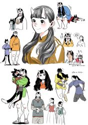 Rule 34 | 2boys, 4girls, :3, :d, :o, animal ears, arm guards, arms at sides, arms behind back, asymmetrical bangs, bare arms, barefoot, benichidori, black fur, black hair, blanket, blue kimono, blunt bangs, body fur, breasts, cameo, cat ears, cat girl, cat tail, chipped tooth, closed eyes, closed mouth, coat, comforting, covering own mouth, cropped torso, curious, dress, dungeon meshi, excited, extra, facing away, facing viewer, falin touden, floral print, flying sweatdrops, furrowed brow, green kimono, grey hair, grey pants, hair down, hair over shoulder, hands on own hips, hands up, height difference, hien, highres, horns, hug, inutade, izutsumi, japanese clothes, kimono, kui ryouko, layered sleeves, legs apart, long hair, long sleeves, looking at another, low twintails, lying, medium breasts, mole, mole under eye, multiple boys, multiple girls, multiple views, on stomach, oni, oni horns, open mouth, orange kimono, pants, patting back, ponytail, print sweater, purple kimono, red kimono, sandals, scared, scarf, short hair, short kimono, short over long sleeves, short sleeves, shurou, side-by-side, sideways glance, simple background, sitting, sitting on person, slapping, smile, smug, standing, surprised, sweater, tail, thick thighs, thighs, thought bubble, turtleneck, turtleneck sweater, twintails, under covers, updo, vest, w arms, white background, wide-eyed, zouri