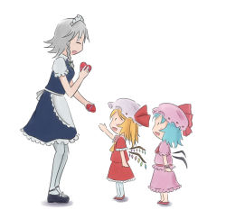 Rule 34 | 3girls, agsagreen, apron, arm at side, ascot, black footwear, blonde hair, blue dress, blue hair, blue shirt, blush stickers, bow, braid, child&#039;s drawing, chocolate, closed eyes, dress, artistic error, flandre scarlet, frilled dress, frilled skirt, frills, from side, grey hair, hair bow, hand up, happy, hat, hat ribbon, height difference, izayoi sakuya, maid, maid apron, maid headdress, mob cap, multiple girls, open mouth, pantyhose, pink shirt, pink skirt, profile, red footwear, red shirt, red skirt, remilia scarlet, ribbon, shirt, short dress, short hair, short sleeves, siblings, side ponytail, sisters, skirt, smile, solid oval eyes, standing, touhou, twin braids, valentine, white legwear, white shirt, wings, wrist cuffs