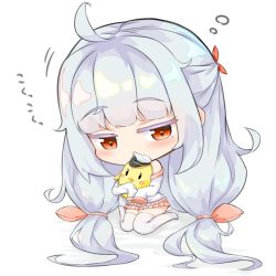 Rule 34 | 1girl, :o, absurdly long hair, ahoge, animal, azur lane, bird, blunt bangs, blush, blush stickers, chibi, chick, clothed animal, colored eyelashes, commentary request, eyelashes, frilled shirt, frills, full body, half-closed eyes, half updo, hands up, hat, holding, limitlimlim, long hair, long sleeves, low twintails, miniskirt, mole, mole under eye, nicholas (azur lane), no shoes, off-shoulder shirt, off shoulder, open mouth, pastel colors, pink sailor collar, pink skirt, pleated skirt, rainbow order, raised eyebrows, red eyes, sailor collar, shirt, silver hair, simple background, sitting, skirt, sleeve cuffs, sleeves past wrists, solid oval eyes, solo, thighhighs, translation request, twintails, very long hair, wariza, white background, white shirt, white thighhighs, zettai ryouiki