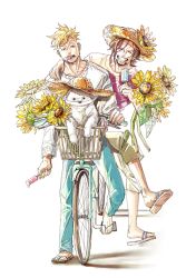 Rule 34 | beard, bicycle, bicycle basket, blonde hair, dog, facial hair, flower, food, hat, jou (15388646), male focus, marco (one piece), mouth hold, multiple riders, mustache, one piece, popsicle, scar, smile, stefan, straw hat, stubble, sunflower, thatch