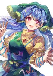 Rule 34 | 1girl, :d, apron, armband, ayatsuki sugure, between fingers, blue armband, blue hair, flower, green apron, green headwear, haniyasushin keiki, head scarf, highres, holding, jewelry, long hair, long sleeves, looking at viewer, magatama, magatama necklace, necklace, open mouth, pink eyes, pink flower, pocket, puffy short sleeves, puffy sleeves, short sleeves, simple background, single strap, smile, solo, touhou, twitter username, upper body, white background, wood carving tool
