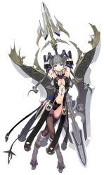 Rule 34 | 1girl, armpits, arms up, blue eyes, boots, breasts, cleavage, demon girl, earrings, elbow gloves, fantasy, gloves, grey hair, highres, horns, huge weapon, jewelry, long hair, nakabayashi reimei, navel, original, pointy ears, solo, sword, thighhighs, twintails, weapon, zipper, zoom layer