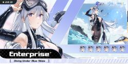 Rule 34 | 1girl, arm up, armpit cutout, armpits, artist request, azur lane, black pantyhose, black wetsuit, bodysuit, breasts, center opening, character name, clothing cutout, commentary, copyright notice, diving mask, diving suit, english commentary, enterprise (azur lane), enterprise (diving under blue skies) (azur lane), expressions, goggles, highres, large breasts, manjuu (azur lane), official alternate costume, official art, pantyhose, promotional art, purple eyes, scuba, scuba tank, second-party source, solo, torn clothes, torn pantyhose, water, wetsuit