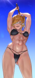 Rule 34 | 1girl, abs, absurdres, arms up, bikini, black bikini, blindfold, blindfold slip, blonde hair, blue sky, breasts, commission, day, gluteal fold, green eyes, highres, holding, inuyama aoi, looking at viewer, medium hair, muscular, muscular female, navel, open mouth, outdoors, pixiv commission, sibo, side ponytail, sky, small breasts, solo, swimsuit, yurucamp