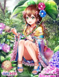 Rule 34 | 1girl, anklet, blush, bracelet, brown hair, flower, green eyes, hair flower, hair ornament, high heels, hydrangea, japanese clothes, jewelry, kimono, leaf umbrella, legs, long hair, nature, necklace, ozon, rain, sandals, sitting, smile, snail, solo, toes