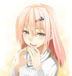 Rule 34 | 1girl, :d, blush, fingers together, grey eyes, hair ornament, hairclip, half-closed eyes, long hair, looking at viewer, murata taichi, open mouth, original, pink hair, round teeth, smile, solo, teeth, upper body