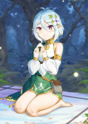 Rule 34 | 1girl, absurdres, antenna hair, bare legs, barefoot, bridal gauntlets, brown eyes, closed mouth, detached sleeves, flower, forest, full body, green skirt, hair between eyes, hair flower, hair ornament, high-waist skirt, highres, kokkoro (princess connect!), long sleeves, mato kuroi, miniskirt, nature, pointy ears, princess connect!, short hair, side slit, sitting, skirt, smile, solo, split mouth, wariza, white flower, white hair, white sleeves