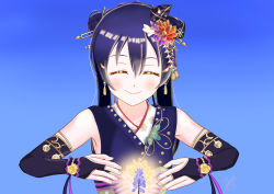 Rule 34 | 1girl, absurdres, alternate hairstyle, artist name, artist request, bare shoulders, blue hair, blue kimono, blush, bracelet, braid, breasts, collarbone, crown braid, double bun, earrings, elbow sleeves, closed eyes, female focus, flower, flower bracelet, hair between eyes, hair bun, hair flower, hair ornament, hairclip, highres, japanese clothes, jewelry, kimono, long hair, looking at viewer, love live!, love live! school idol festival, love live! school idol festival all stars, love live! school idol project, obi, parted lips, pearl bracelet, sash, small breasts, smile, solo, sonoda umi, upper body, wrist cuffs, yellow eyes