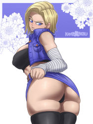 Rule 34 | 1girl, android 18, ass, blonde hair, blue eyes, bob cut, breasts, covered erect nipples, denim, denim jacket, denim skirt, dragon ball, dragonball z, eyelashes, female focus, huge ass, jacket, kameseru, large breasts, lifted by self, looking back, short hair, skirt, solo, thick thighs, thighhighs, thighs, wide hips