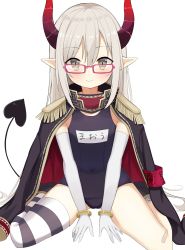 Rule 34 | 1girl, absurdres, black thighhighs, blush, bracelet, brown eyes, brown hair, choco tanuki, closed mouth, demon girl, demon horns, demon tail, elbow gloves, emma august, fang, glasses, gloves, highres, horns, jewelry, long hair, looking at viewer, nijisanji, pointy ears, rectangular eyewear, red-framed eyewear, school swimsuit, single thighhigh, sitting, skin fang, smile, solo, striped clothes, striped thighhighs, swimsuit, tail, thighhighs, virtual youtuber, wariza, white gloves, white thighhighs