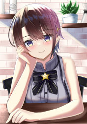 Rule 34 | 1girl, bare arms, bare shoulders, between legs, black bow, blouse, bow, braid, breasts, brick wall, brown hair, chair, closed mouth, commentary request, grey shirt, hair between eyes, hand between legs, head tilt, highres, hololive, looking at viewer, medium breasts, natsuki (natukituki), on chair, oozora subaru, oozora subaru (work), purple eyes, shelf, shirt, sleeveless, sleeveless shirt, smile, solo, star (symbol), striped bow, striped clothes, striped shirt, table, vertical-striped clothes, vertical-striped shirt, virtual youtuber