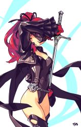 Rule 34 | 1girl, bad id, bad twitter id, black footwear, black jacket, black leotard, black ribbon, boots, breasts, chain belt, cleavage, coattails, commentary, cropped jacket, domino mask, english commentary, female focus, flower, gloves, grey flower, grey rose, hair ribbon, hand on hilt, highleg, highleg leotard, holding, holding sword, holding weapon, jacket, leotard, long hair, long sword, looking at viewer, mask, matching hair/eyes, medium breasts, optionaltypo, persona, persona 5, persona 5 the royal, ponytail, red eyes, red gloves, red hair, ribbon, rose, scabbard, sheath, solo, sword, thigh boots, thighhighs, unsheathing, weapon, yoshizawa kasumi