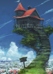 Rule 34 | bad id, bad pixiv id, building, cloud, day, izumi sai, no humans, original, outdoors, scenery, sign, sky, stairs, tree, treehouse