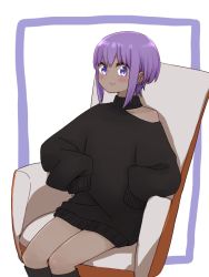 Rule 34 | 1girl, armchair, bare shoulders, black socks, black sweater, blush, chair, closed mouth, dark-skinned female, dark skin, fate/prototype, fate/prototype: fragments of blue and silver, fate (series), hassan of serenity (fate), i.u.y, kneehighs, long sleeves, looking at viewer, on chair, purple background, purple eyes, purple hair, sidelocks, sitting, sleeves past fingers, sleeves past wrists, smile, socks, solo, sweater, turtleneck, turtleneck sweater, two-tone background, white background