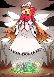 Rule 34 | 1girl, ^ ^, blonde hair, bow, closed eyes, eyebrows, fairy wings, flower, hat, hat bow, lily white, nicetack, open mouth, smile, solo, thick eyebrows, touhou, triangle mouth, wasteland, wide sleeves, wings