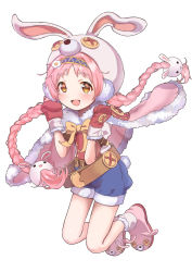 Rule 34 | 1girl, animal hat, animal hood, belt, braid, button eyes, buttons, commentary request, flower, gloves, hair flower, hair ornament, hat, headband, highres, hood, long hair, looking at viewer, mimi (princess connect!), mittens, oota (monokuro--02), open mouth, pink hair, princess connect!, rabbit hair ornament, rabbit hat, rabbit tail, red mittens, ribbon, shoes, shorts, simple background, solo, twin braids, white background, yellow eyes
