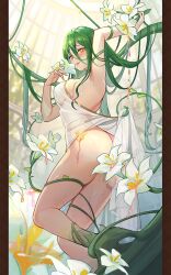 Rule 34 | 1girl, ass, blush, breasts, butt crack, dress, dryad, flower, gold trim, green hair, green nails, isekai: slow life, large breasts, leaf, leaf on head, long dress, long hair, melody (isekai: slow life), monster girl, multicolored hair, nail polish, official art, plant, plant girl, sleeveless, smile, tree, very long hair, white dress, white flower, yellow eyes