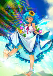 Rule 34 | .sin, 1girl, ;d, alternate costume, anklet, bare arms, barefoot, blue hair, blue sky, blurry, bow, cirno, clothes lift, cloud, commentary request, day, depth of field, dress, dress lift, flower, food, foreshortening, frilled skirt, frills, fruit, hair between eyes, hair bow, hair flower, hair ornament, halter dress, halterneck, head tilt, highres, horizon, jewelry, leg lift, lens flare, lifting own clothes, looking at viewer, morning glory, ocean, one eye closed, open mouth, outdoors, palm leaf, peach, pearl anklet, plant, scrunchie, skirt, sky, sleeveless, sleeveless dress, smile, solo, sparkle, splashing, spread toes, standing, standing on one leg, sunflower, sunflower hair ornament, tanned cirno, teeth, toes, touhou, upper teeth only, vines, wading, water drop, white dress, wings, wrist scrunchie