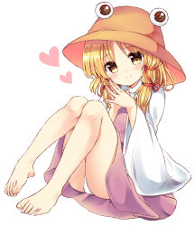 Rule 34 | 1girl, ass, bare legs, barefoot, blonde hair, blush, brown headwear, child, commentary request, dress, feet, full body, hair ribbon, head tilt, heart, highres, long sleeves, looking at viewer, moriya suwako, own hands together, panties, pantyshot, purple dress, ramudia (lamyun), red ribbon, ribbon, shirt, short hair, sidelocks, simple background, sitting, smile, solo, steepled fingers, thighs, touhou, underwear, white background, white panties, white shirt, wide sleeves, yellow eyes