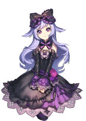 Rule 34 | 1girl, black dress, bow, concept art, detached collar, detached sleeves, dress, flat chest, gothic lolita, hair bow, hair ribbon, kkuem, light purple hair, lolita fashion, long hair, looking at viewer, naver (website), purple eyes, purple hair, ribbon, simple background, solo, star (symbol), v arms, white background